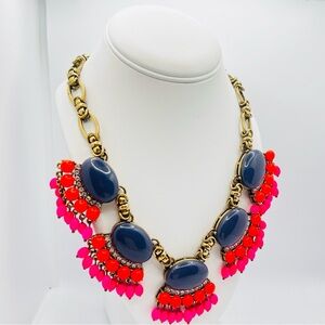 J. Crew Fan Fringe Necklace Blue Orange Cabochons Rhinestones Missing One Bead